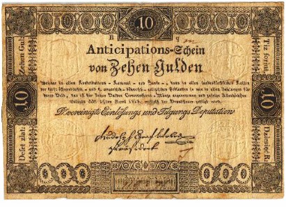 Los 5282. Einlösungsschein zu 1 Gulden 1811 und Los 5283. Anticipationsschein zu 2 Gulden 1813.