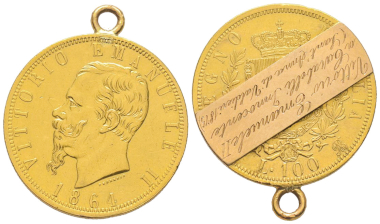 Nr. 1745: Münze mit handschriftlichem Hinweis, dass der Sammler sie als Geschenk des Münzen sammelnden Königs Vittorio Emanuele III. erhielt. Taxe: 1.000,- Euro.
