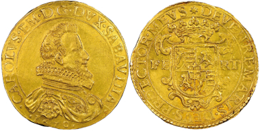 Nr. 1505: Carlo Emanuele I., 1580-1630. 10 Scudi d’oro, Typ II, Turin, 1610. Nur drei Exemplare bekannt! NGC MS60. Taxe: 200.000,- Euro.