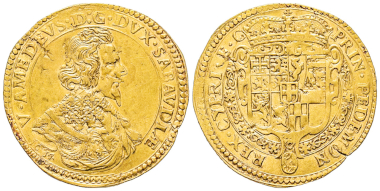 Nr. 1527: Vittorio Amedeo I., 1630-1637. Quadrupla, Typ III, Turin, 1634. Äußerst selten. Gutes sehr schön / Vorzüglich. Taxe: 50.000,- Euro.