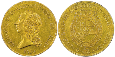 Nr. 1590: Carlo Emanuele III., zweite Periode 1755-1773. Carlino da 5 Doppie, Turin, 1755. Sehr selten. NGC AU58. Taxe: 40.000,- Euro.