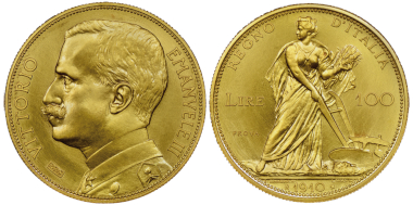 Nr. 1759: Vittorio Emanuele III., 1900-1943. Probe zu 100 Lire, Rom, 1910. Äußerst selten. NGC PROOF 66. Taxe: 150.000,- Euro.