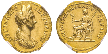 Nr. 92: Plotina, 105-122. Aureus, 112-115. Sehr selten. NGC AU 5/5 - 3/5. Taxe: 20.000,- Euro.