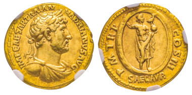 Nr. 97 - Hadrian, 117-138. Aureus, 119-122. Sehr selten. NGC VF* 5/5 - 5/5 Fine Style. Taxe: 9.000,- Euro.