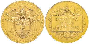 Nr. 656: Kolumbien. Goldmedaille 1904 von der Republik Kolumbien für Lucien Napoléon Bonaparte Wyse, Sohn der Nichte von Napoléon I (1844-1909). Äußerst selten. NGC MS62. Taxe: 10.000,- Euro.