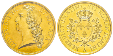 Nr. 766: Frankreich. Ludwig XV., 1715-1774. Probe zum Écu au bandeau in Gold. Paris, 1740. Äußerst selten. 4 Exemplare gegradet. PCGS SP62. Taxe: 80.000,- Euro.