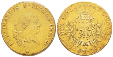 Nr. 1210: Parma. Ferdinando di Borbone, 1765-1802. 8 Doppie, 1791. Sehr selten. PCGS AU50. Taxe: 20.000,- Euro.