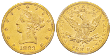 Nr. 1970: USA. 10 Dollars, New Orleans, 1883. Nur 800 Exemplare geprägt. Äußerst selten (nur 40 bis 50 bekannt). PCGS AU53. Taxe: 15.000,- Euro.