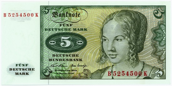 Deutsche Bundesbank, 5 Deutsche Mark, 1970 mit dem „Bildnis einer jungen Venezianerin“ von Albrecht Dürer.