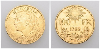 Nr. 19. Schweiz. Eidgenossenschaft. 100 Franken 1925 B, Bern. Fast vorzüglich. Taxe: 10.000 CHF. Startpreis: 5.000 CHF.