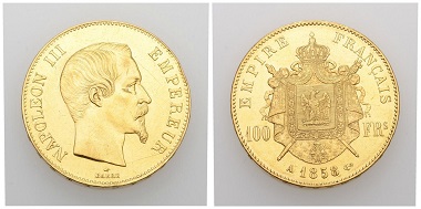 Nr. 82. Frankreich. Zweites Kaiserreich. Napoleon III., 1852-1870. 100 Francs 1858 A, Paris. Fast vorzüglich. Taxe: 1.000 CHF. Startpreis: 500 CHF.