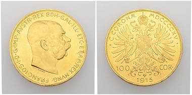 Nr. 267. Österreich. Franz Josef I., 1848-1916. 100 Kronen 1915. Nachprägung. Unzirkuliert. Taxe: 1.000 CHF. Startpreis: 500 CHF.