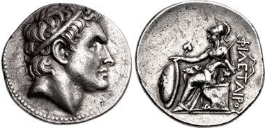 Philetairos von Pergamon. Tetradrachme, Pergamon, 269/8-263. Auf der Vorderseite Porträt des Seleukos I. Nikator. Aus Auktion CNG 109 (2018), 214.