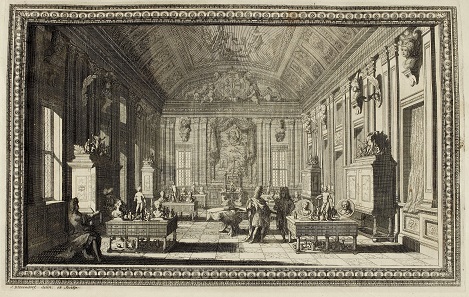 Das Raritätenkabinett mit der Münzsammlung im Apothekenflügel des Berliner
Stadtschlosses, um 1685. Kupferstich von Samuel Blesendorf, aus: L. Beger, Thesaurus Brandenburgicus (1696). Foto: bpk / Christine Kösser.