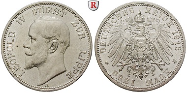 Deutsches Kaiserreich. Lippe. Leopold IV., 1905-1918. 3 Mark 1913 A. Sehr schön - vorzüglich, geputzt. 390. Euro.