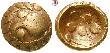 Kelten. Vindelici. Regenbogenschüsselchen-Stater 150-50 v. Chr. Fast vz. 3.500 Euro.
