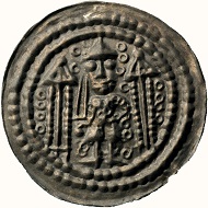 Münze des Münzherren Konrad Markgraf von Meißen, Prägedatum um 1150. Kombininierte Darstellung der Grundfarbe und Oberfläche. © Fraunhofer IFF.