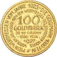 Josef Wild. 100 Goldmark 1927. Vermutlich das dritte bekannte Exemplar. Vorzüglich. Schätzung: 5.000,- Euro. Aus Auktion Künker 321 (15. März 2019), Nr. 6820.