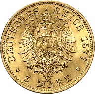 Deutsches Reich. Sachsen. 5 Mark 1877. Fast Stempelglanz. Schätzung: 750,- Euro. Aus Auktion Künker 321 (15. März 2019), Nr. 7328.