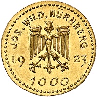 Josef Wild. 5 Goldmark 1923. Fast Stempelglanz. Schätzung: 250,- Euro. Aus Auktion Künker 321 (15. März 2019), Nr. 6811.