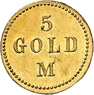 Josef Wild. 5 Goldmark 1923. Fast Stempelglanz. Schätzung: 250,- Euro. Aus Auktion Künker 321 (15. März 2019), Nr. 6811.