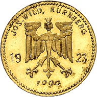 Josef Wild. 10 Goldmark 1923. Fast Stempelglanz. Schätzung: 300,- Euro. Aus Auktion Künker 321 (15. März 2019), Nr. 6810.
