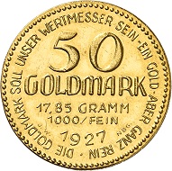 Josef Wild. 50 Goldmark 1927. Vorzüglich bis Stempelglanz. Schätzung: 5.000,- Euro. Aus Auktion Künker 321 (15. März 2019), Nr. 6821.