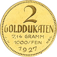 Josef Wild. 2 Golddukaten 1927. Fast Stempelglanz. Schätzung: 1.000,- Euro. Aus Auktion Künker 321 (15. März 2019), Nr. 6823.