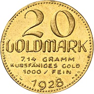 Josef Wild. 20 Goldmark 1928. Vorzüglich bis Stempelglanz. Schätzung: 2.000,- Euro. Aus Auktion Künker 321 (15. März 2019), Nr. 6824.