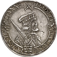 Nr. 378: Sachsen. Friedrich III. der Weise, Georg und Johann, 1500-1507. Dicker dreifacher Guldengroschen o. J., Annaberg. Wohl das einzige bekannte Exemplar im Handel. Winzige Sammlerpunze im Rand, kl. Bohrstelle und kl. Graffito. Sehr schön bis vorzüglich. Taxe: 75.000,- Euro. Zuschlag: 130.000,- Euro.