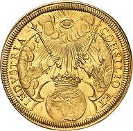 Nr. 120: Frankfurt. 3 Dukaten 1658 auf die Krönung Leopolds I. zum römischen Kaiser in Frankfurt. Sehr selten. Vorzüglich bis Stempelglanz. Taxe: 7.500,- Euro. Zuschlag: 24.000,- Euro.