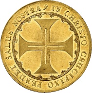 Nr. 131: Hamburg. Portugalöser zu 10 Dukaten o. J. (um 1645). Aus Sammlung Vogel Teil 3, Auktion Adolph Hess Nachf. 192, Frankfurt 1928, Nr. 7681. Sehr selten. Stempelglanz. Taxe: 50.000,- Euro. Zuschlag: 180.000,- Euro.