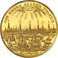 Nr. 223: Hamburg. Bankportugalöser zu 10 Dukaten 1665. Sehr selten. Fast Stempelglanz. Taxe: 20.000,- Euro. Zuschlag: 60.000,- Euro.