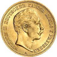 Nr. 496: Deutsches Kaiserreich. Preußen. Wilhelm II., 1888-1918. 10 Mark 1889 A. Sehr selten. Fast Stempelglanz. Taxe: 7.500,- Euro. Zuschlag: 15.500,- Euro.