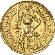 Nr. 704: Livländischer Orden. Walter von Plettenberg, 1494-1535. 10 Dukaten 1525. Sehr selten. Sehr schön bis vorzüglich. Taxe: 150.000,- Euro. Zuschlag: 170.000,- Euro.