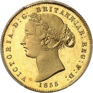 Nr. 869: Australien. Victoria, 1837-1901. Sovereign 1855, London. Probe. Wohl nur drei Exemplare in Privatbesitz. Polierte Platte (Proof). Taxe: 125.000,- Euro. Zuschlag: 140.000,- Euro.