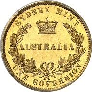 Nr. 869: Australien. Victoria, 1837-1901. Sovereign 1855, London. Probe. Wohl nur drei Exemplare in Privatbesitz. Polierte Platte (Proof). Taxe: 125.000,- Euro. Zuschlag: 140.000,- Euro.
