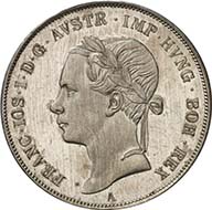 Konventionstaler 1848 A, Wien. J. 290. Aus Auktion Künker 195 (28. September 2011), 4393. Fast Stempelglanz. Schätzung: 5.000 Euro. - Die höchst seltenen Prägungen - man kennt je 10 Stück mit den Jahreszahlen 1848, 1849, 1850, 1851 und 1852 - mit dem Porträt des Kaisers nach links wurden alle im Jahr 1852 als Proben geprägt. Da dem Kaiser sein Porträt nicht gefiel, kam dieser Typ nicht zur Ausprägung. Die Münzen gingen an den Kaiser, öffentliche Münzkabinette und hochgestellte Privatpersonen.
