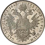 Konventionstaler 1848 A, Wien. J. 290. Aus Auktion Künker 195 (28. September 2011), 4393. Fast Stempelglanz. Schätzung: 5.000 Euro. - Die höchst seltenen Prägungen - man kennt je 10 Stück mit den Jahreszahlen 1848, 1849, 1850, 1851 und 1852 - mit dem Porträt des Kaisers nach links wurden alle im Jahr 1852 als Proben geprägt. Da dem Kaiser sein Porträt nicht gefiel, kam dieser Typ nicht zur Ausprägung. Die Münzen gingen an den Kaiser, öffentliche Münzkabinette und hochgestellte Privatpersonen.
