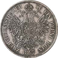 Doppelter Vereinstaler 1867 A, Wien. J. 317. Aus Auktion Künker 195 (28. September 2011), 4443. Fast vorzüglich. Schätzung: 600 Euro. - Die doppelten Vereinstaler nach dem Wiener Münzvertrag konnten in allen daran beteiligten Ländern kursieren.