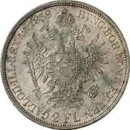 Doppelgulden, 1859 B, Kremnitz. J. 329. Aus Auktion Künker 195 (28. September 2011), 4445. Vorzüglich. Schätzung: 150 Euro. - Ein österreichischer Doppelgulden nach dem Wiener Vertrag entsprach 2/3 preußischem Taler.