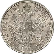 Gulden 1867 E, Karlsburg. J. 335a. Aus Auktion Künker 195 (28. September 2011), 4536. Vorzüglich bis Stempelglanz. Schätzung: 20.000 Euro. - Diese Prägung des siebenbürgischen Karlsburgs (Alba Iulia) ist die seltenste Silbermünze der Guldenwährung.
