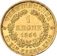Vereinskrone 1864 A, Wien. J. 315. Aus Auktion Künker 195 (28. September 2011), 4174. Vorzüglich bis Stempelglanz. Schätzung: 7.000 Euro. - Die Vereinskronen zu 10 g waren nicht besonders beliebt: Sie besaßen keinen festen Kurs im Vergleich zu den Silbermünzen und hatten einen anderen Standard als die beliebten französischen Francs. Kein Wunder, dass diese Emission von 1864 nur aus 1.530 Exemplaren bestand.