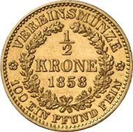 1/2 Vereinskrone 1858 V. Venedig. J. 314. Aus Auktion Künker 195 (28. September 2011), 4176. Vorzüglich. Schätzung: 25.000 Euro. - Noch unbeliebter waren die halben Vereinskronen. Hier ein Stück, das nicht in Wien, sondern in Venedig mit einer Auflage von 947 Exemplaren geprägt wurde.