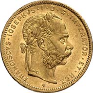 8 Gulden (20 Franken) 1876, Wien. J. 362. Aus Auktion Künker 195 (28. September 2011), 4188. Vorzüglich. Schätzung: 200 Euro. - Kein Wunder, dass Österreich nur wenige Jahre später begann, Münzen zu prägen, die mit den Goldmünzen der Lateinischen Münzunion kompatibel waren.