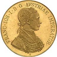 4 Dukaten 1859 A, Wien. J. 298. Aus Auktion Künker 195 (28. September 2011), 4023. Vorzüglich bis Stempelglanz. Schätzung: 3.000 Euro. - Die Ausprägung von Dukaten sollte laut Wiener Münzvertrag nur bis 1865 erlaubt sein.