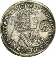 ANTON, 1686-1693, als Vormund für seinen Neffen ANTON DEN JÜNGEREN. Gulden 1690. Geharnischtes Brustbild r. mit Mantel. Rv. Gekröntes Wappen zwischen Zweigen, unten FJ 16 (60) 90 G , mit Gegenstempel des Fränkischen Kreises. Ebner 127. Münzen & Medaillen GmbH kommende Auktion 37 (23. November 2012), Nr. 362.