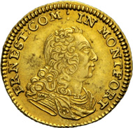 ERNST, 1730-1758. Viertel Karolin 1736. Brustbild r. Rv. Kreuz aus zwei gekrönten Doppel-E und zwei gekrönten Doppel-F, in der Mitte Wertzahl 1/4. Ebner 293. Münzen & Medaillen GmbH kommende Auktion 37 (23. November 2012), Nr. 469.