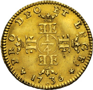 ERNST, 1730-1758. Viertel Karolin 1736. Brustbild r. Rv. Kreuz aus zwei gekrönten Doppel-E und zwei gekrönten Doppel-F, in der Mitte Wertzahl 1/4. Ebner 293. Münzen & Medaillen GmbH kommende Auktion 37 (23. November 2012), Nr. 469.